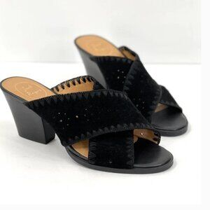 JACK ROGERS Sandals Womens 9 Black Perforated Criss Cross Heeled Blakely Suede